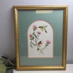 Vintage 1997 Carolyn Shores Wright "Hummer Duo II" Art Gold Frame Bird Thistle